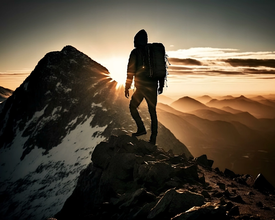 A man standing on the top of a tall mountain peak in an ice-cold landscape as sun sets.