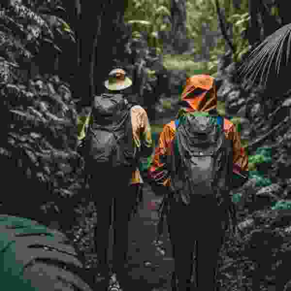 Recently rain-drenched foreigners backpacking on tropical jungle trails.