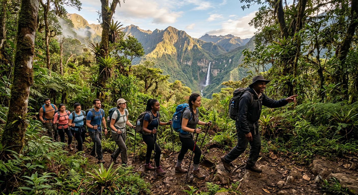 A group of hikers follows a local guide on a cloud forest trail in Antioquia, with mountains and a waterfall in the distance, capturing the experience of a guided eco-adventure tour.