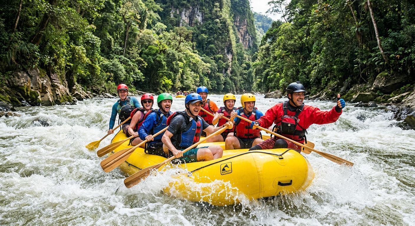 Professional action photograph of a group of rafters in a yellow raft navigating Class III rapids on the Rio Claro in Colombia, with lush jungle cliffs and sunlight filtering through the canopy.