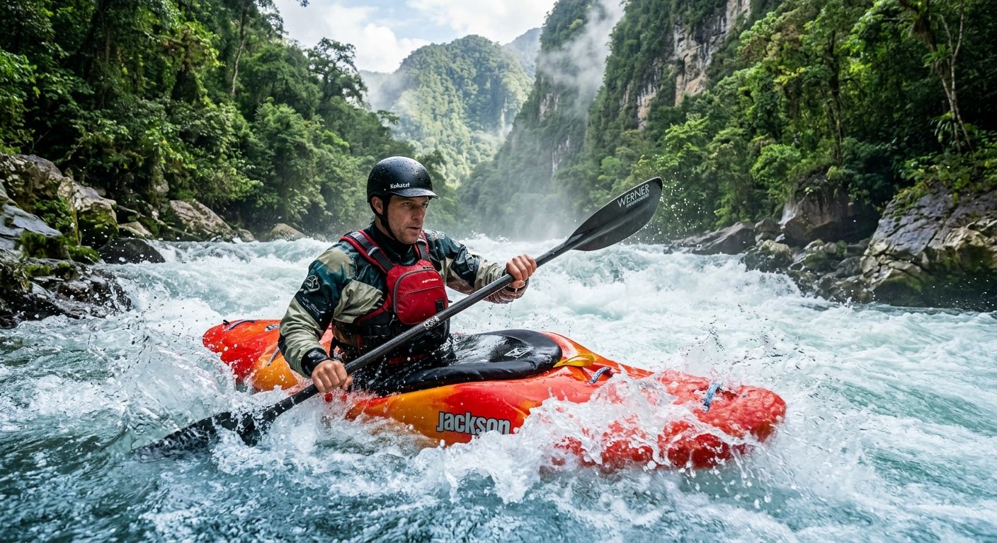 Professional whitewater kayaker navigating a turbulent river rapid surrounded by dense tropical jungle in Colombia, with mist and splashing water, wearing helmet and life jacket, wide-angle adventure photography.