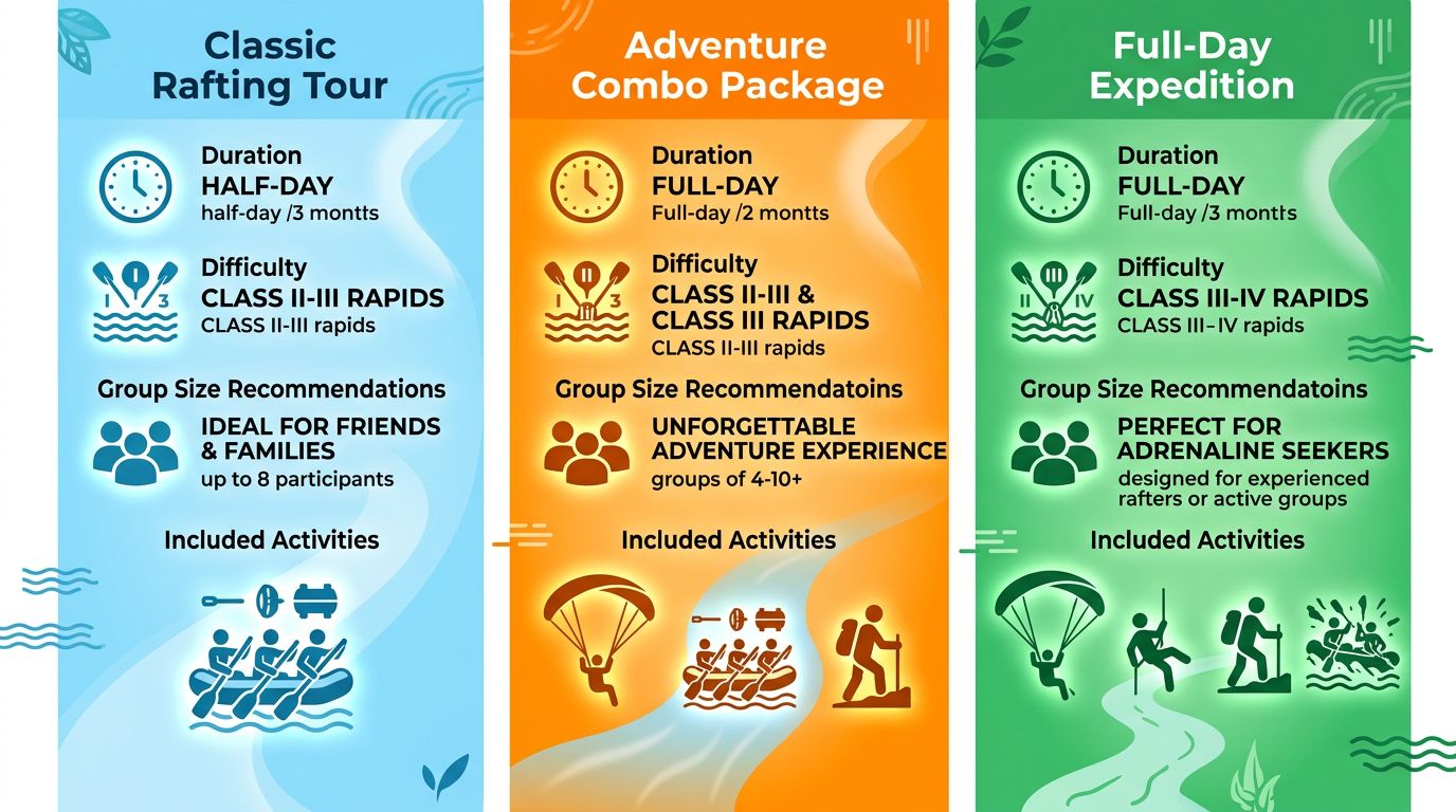 Three-column infographic comparing Rio Claro adventure packages: Classic Rafting Tour, Adventure Combo Package, and Full-Day Expedition, with activity icons, duration, difficulty ratings, and group size recommendations.