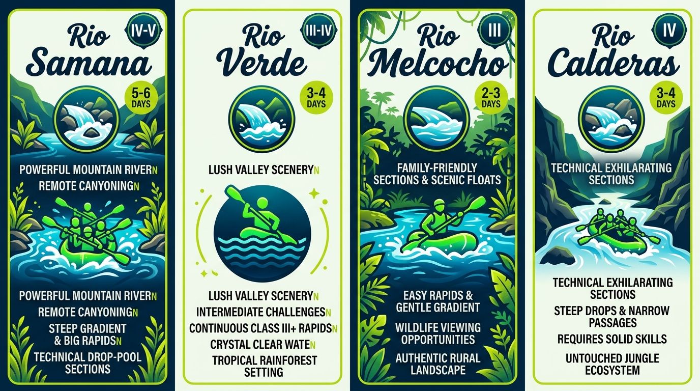 Infographic comparison of four Colombian whitewater rivers for kayaking on Rio Samana, Rio Verde, Rio Melcocho and Rio Calderas with difficulty classes and durations